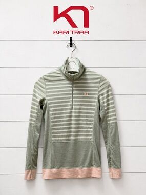 Kari Traa Merino Wool Base Layer 1/2 Zip – Sage Green Stripe – Size M